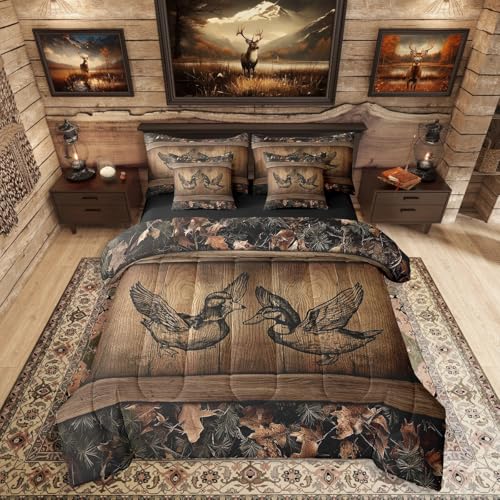 Erosebridal Rustic Farmhouse Bed in A Bag King 7 Piece Tree Camo Cabin Bedding Set Hunting Animal Mallard Duck Comforter Set for Boys Men Woodland Camouflage Wildlife Sheet Set with Comforter