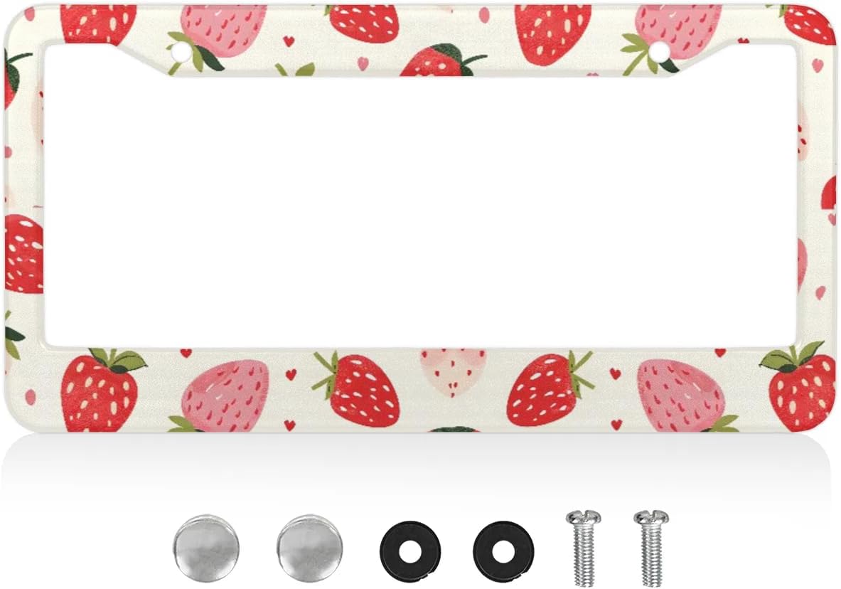 License Plate Frame 2Pcs Stainless Steel License Plate Holder Decoration with Screw Caps Rust-Proof Funny Aesthetics Auto Car Accessories for Men Women Gifts (White Strawberries)