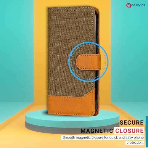 Image of Accesorios Denim & Leather Flip Cover for Samsung F62 | Inbuilt Stand & Pockets | Premium Leather Mobile Phone Case Samsung Galaxy F62 (Dark Brown)