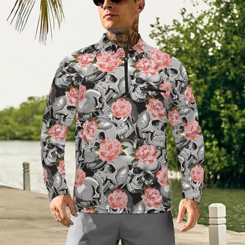 Skull in Flowers Pattern Men's Rash Guard Long Sleeves Quick Dry Fishing Workout Shirts with Zipper2