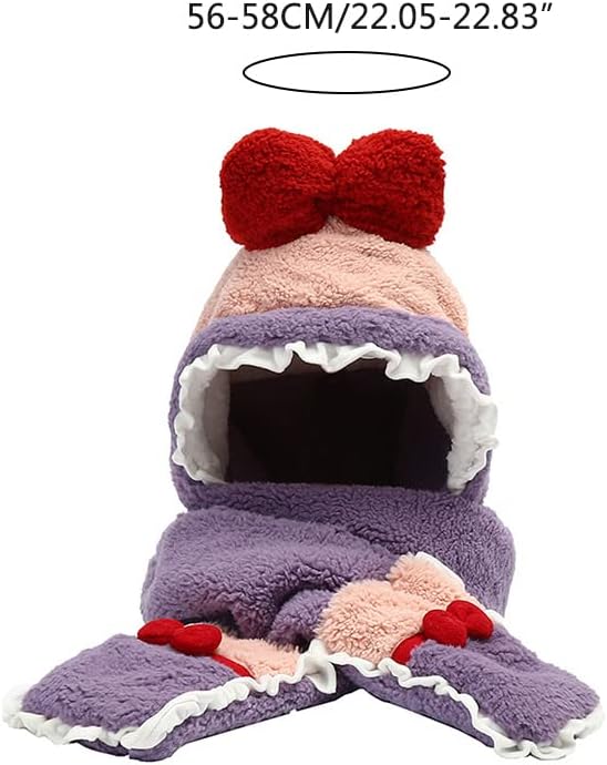 Scarf,Scarf Plush Scarf Hooded Hat Bows Winter Hat Scarf Gloves Set Fleece Warm Windproof Cap for Head Warmer Fleece Scarf(Pink)