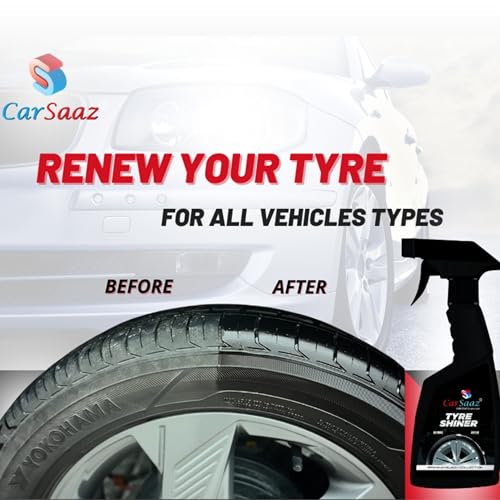 Image of CAR SAAZ Tyre Polish 380ml for Instant Shine | Shiner & Restorer | Prevents Fading and Cracking | Non-Greasy Long Lasting Deep Gloss | Tyre Dresser Spray Polish - 380ml (Pack of 1)