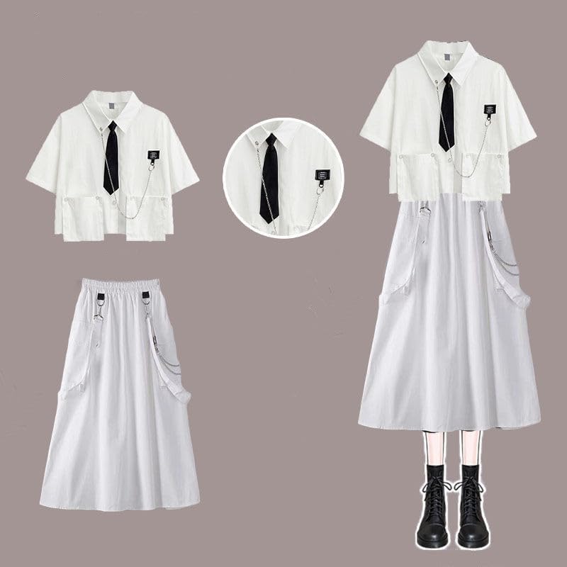 [catwishes] ゴスロリ ツーピース シャツスカートセット 白黒 ショート丈シャツ 半袖 黒ネクタイ付き ロングスカート チ