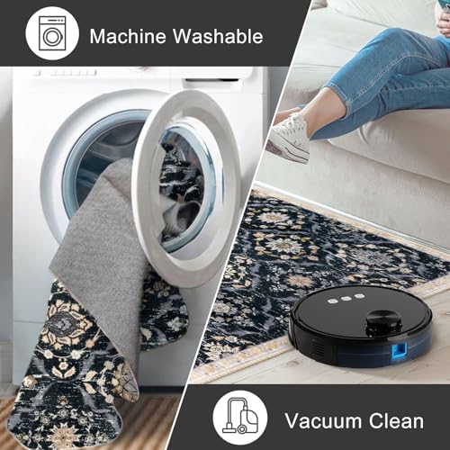 KILOCOCO 2x6 Runner Rug, Moroccan Super Soft Washable Hallway Runner Rug, Accent Print Faux Wool Kitchen Runner Rug 6 Feet Non-Slip Rug Runners for Laundry Room Bedroom, Black/Navy Blue/Multi