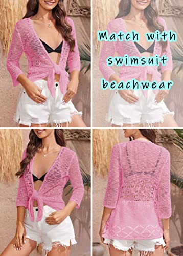 Image of Nulibenna Womens Sheer Shrug Sweaters 3 /4 Sleeve Open Front Tie Cardigan Bolero Jacket Lightweight Crochet Knit Cover Up Tops