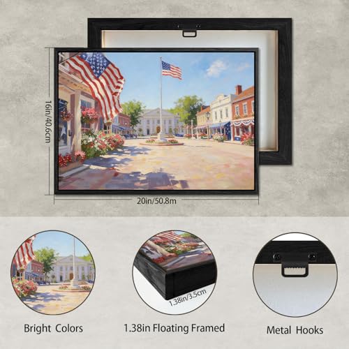 Image of American Flag Framed Canvas Wall Art, 4th of July Red White Blue Canvas Prints, USA Flag with Small Town Street Patriotic Decorations, Independence Day Wall Decor for Bedroom Living Room 16x20