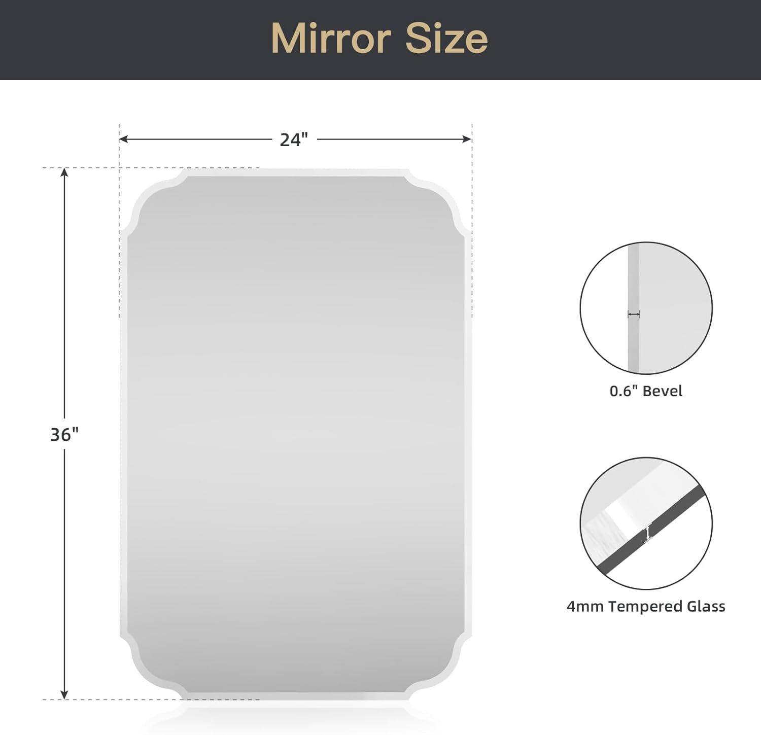 Beveled Scalloped Frameless Bathroom Mirror, 24" x 36" Beveled Bathroom Mirrors with Rectangle Shaped, Frameless Vanity Mirror for Over Sink, Fireplace, Entryway, Restroom