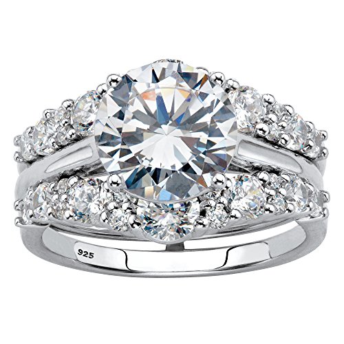 Platinum over Sterling Silver Round Cubic Zirconia Jacket Bridal Ring Set Size 8