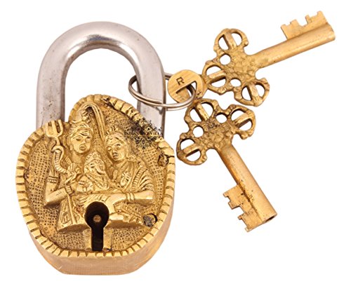 Image of Indian Art Villa Handmade Old Vintage Style Antique Lord Shiva Pariwar Design Brass Security Lock with 2 Keys Om Design on Back|Home Temple Office