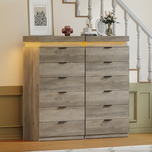 Image of Tall 6 Drawer Dresser with LED Lights and Charging Station, 53 inch Tall Wood Fluted Dresser for Bedroom, Grey Modern Chest of Drawers for Closet Organizer Cabinet for Living Room, Entryway