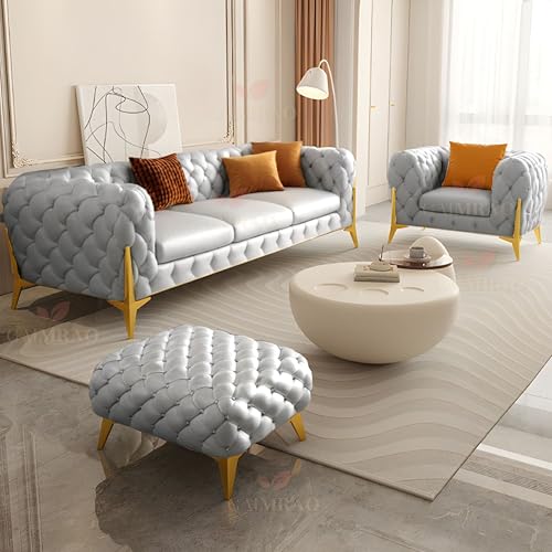 Image of 4 Seater Sofa Set Modern Classic Chesterfield Style Fabric Velvet with Pillows for Living Room, Bedroom and Office and Hallway (3+1+OTTO Grey FC)