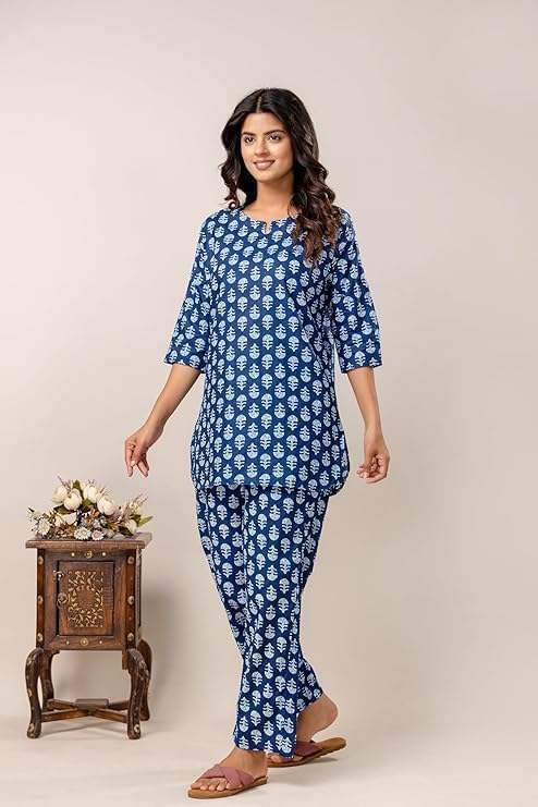 Image of Pure Cotton Printed Night Suit Set | Top Pyjama Set for Women | Night Dress of Kurta Pyjama Set for Women | Kurta Top Set