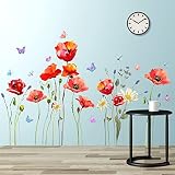 Red Poppy Flowers Wall Decals Daisy Floral Butterfly Wall Stickers DIY Removable Green Leaf Plant Fl