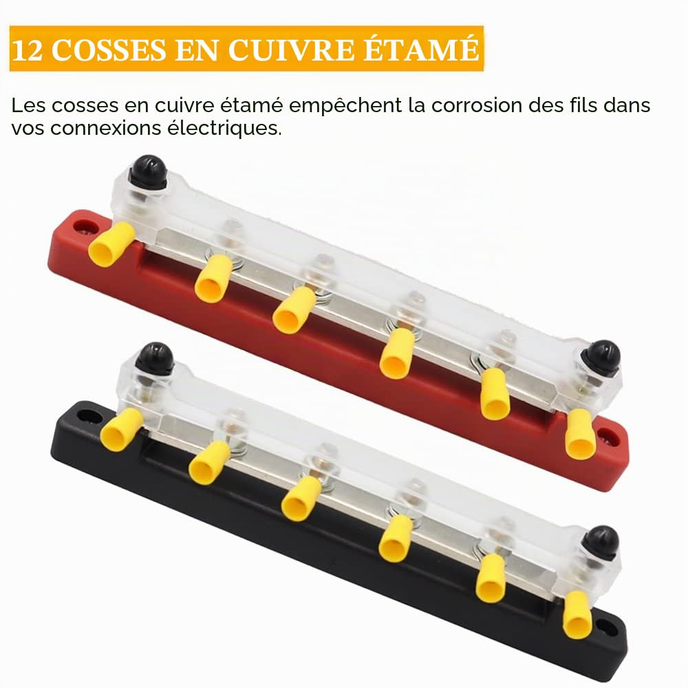 Greluma 1 Paire Barre de bus à 4 bornes, bornier de distribution d'alimentation au sol avec couvercle pour bateau de camping-car, remorque de voiture marine
