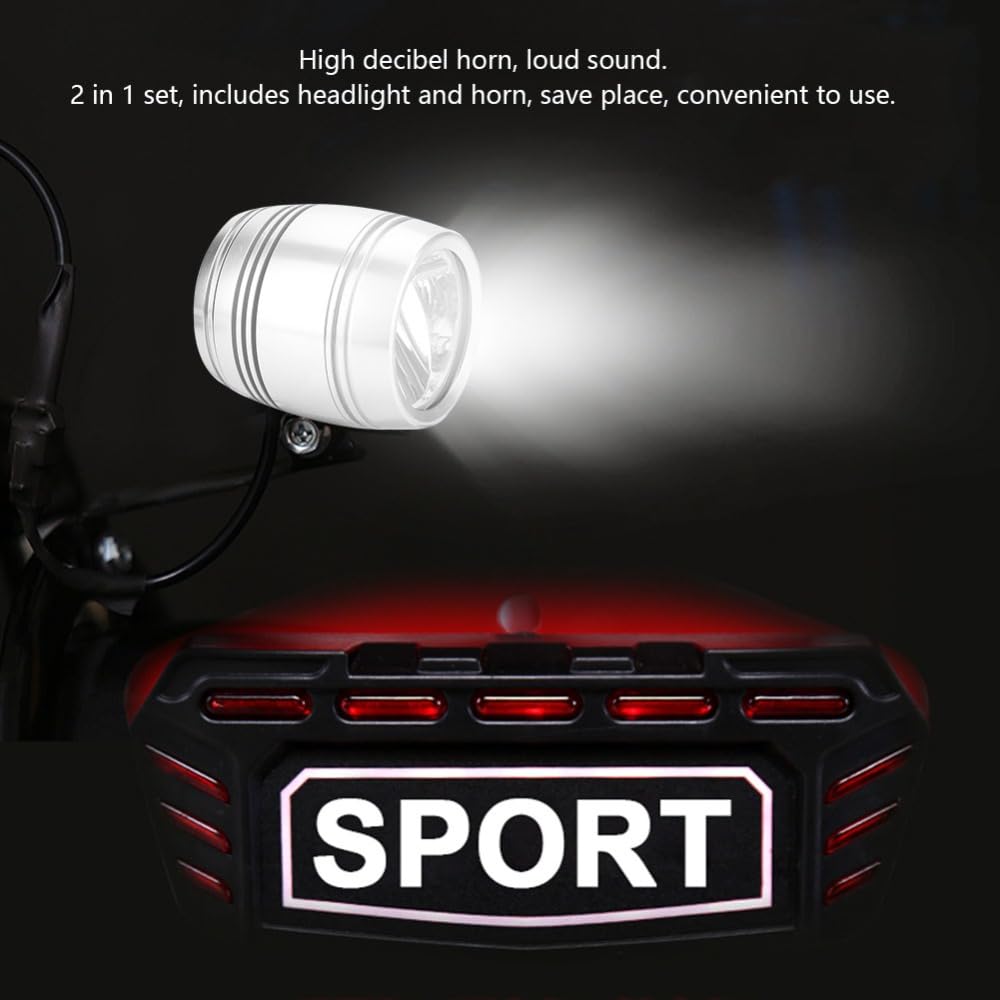 Phare avant de vélo en alliage d'aluminium avec klaxon – Lumière avant et klaxon de sécurité 2 en 1 pour vélos de 24 V-48 V, support de guidon compact, luminosité 5 W 100 lm, câble de 1,5 m