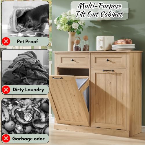 Image of IFBUY Double Tilt Out Laundry Hamper Cabinet, Trash Cabinet, Natural