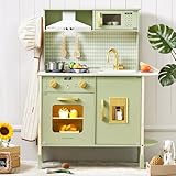Tiny Land Play Kitchen for Kids, Wooden Farmhouse Kitchen Playset Chef Pretend Play Set for Toddlers w/Real Lights & Sounds, Toys Kitchen with 18 Pcs Toy Food & Cookware Accessories, Sage Green