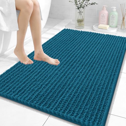 Image of OLANLY Bathroom Rug Mat 40x32, Thick Soft and Absorbent Chenille Bath Mat, Non-Slip Rubber Backing, Machine Washable Quick Dry Bath Rugs for Tub Shower Floor, Home Decor Accessories, Peacock Blue
