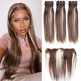 4/27 Highlight Straight Bundles with 13x4 Lace Frontal Brazilian Human Hair 3 Bundles with Frontal Ombre Blonde Colored 180% Density 16 18 20+14 Unprocessed Straight Virgin Hair Closure with Bundles