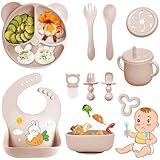 Bizcasa Vajilla Bebe Silicona, 9 Piezas Vajilla de Silicona para Bebés Antideslizante, Con Plato Cuenco Babero Taza, Cubiertos Bebe para comer destete, Sin BPA (Beige)