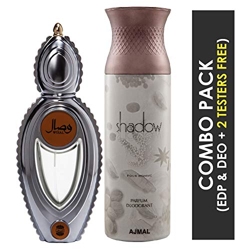 Ajmal Wisal EDP Floral Musky Perfume 50ml for Women and Shadow Homme Deodorant Citrus Woody Fragrance 200ml for Men+ 2 Parfum Testers FREE - Image 2