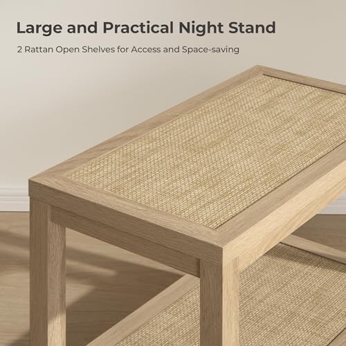 Image of SICOTAS Rattan Nightstands Set of 2 - Boho Shelf Bedside Tables Narrow End Table Living Room Set of 2 Side Table with Rattan Storage Shelves for Small Space - Light Oak
