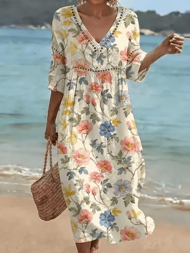 Vestido feminino midi gola V manga 3/4 vestido outono, Multicor, GG | Este vestido midi boho feminino apresenta estampa floral total, decoração de renda com ilhós, gola V e mangas 3/4.