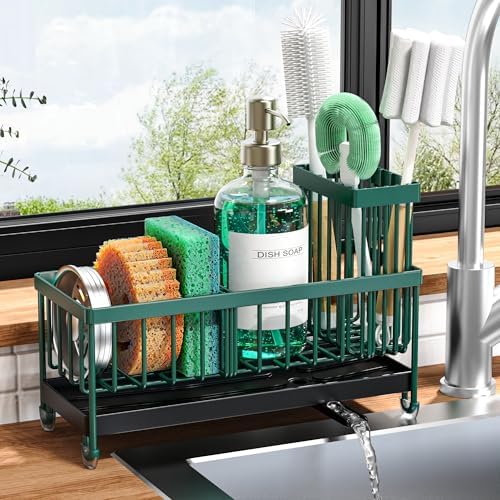 Cisily Sponge Holder for Kitchen Sink, Sink Caddy with High Brush Holder, Organzier Rustproof 304 Stainless Steel Dish Organizer Divider, Soap Dispenser Storage 11