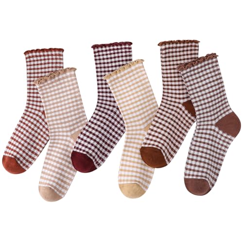 Image of 6 Pairs Women Ruffle Striped Frilly Socks, Cute Checkered Ankle Sock for Women Cotton Knit Casual Crew Socks