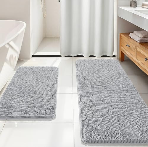 Image of OLANLY Bathroom Rugs Sets 2 Piece, Soft Absorbent Chenille Bath Mats Area Rug Set, Non-Slip, Quick Dry, Machine Washable Bath Mats for Bathroom, Home Decor Accessories (59 inchx20 inch+30 inchx20 inch, Light Grey)