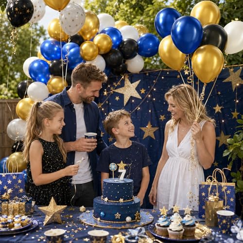 Image of Navy Blue and Gold Balloons, 60 Pcs 12 Inch Blue Gold Black White Latex Balloons for Graduation Birthday Baby Shower Party Decorations