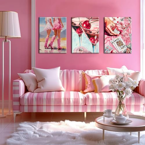 Image of Framed Pink Preppy Wall Art Set of 3, Cowgirl Boots Cherry Cocktail Pictures Wall Decor, Trendy Poker Paintings Canvas Prints Girly Aesthetic Home Decor for Living Room Bedroom Dorm Bar 12x16 inch