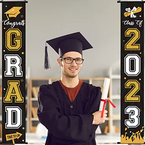 2024 Graduation Banner Class of 2024 Congrats Grad Porch Sign Party Decorations Supplies Welcome Hanging Door Decor for Indoor Outdoor(Black and Gold) - Thumbnail 7