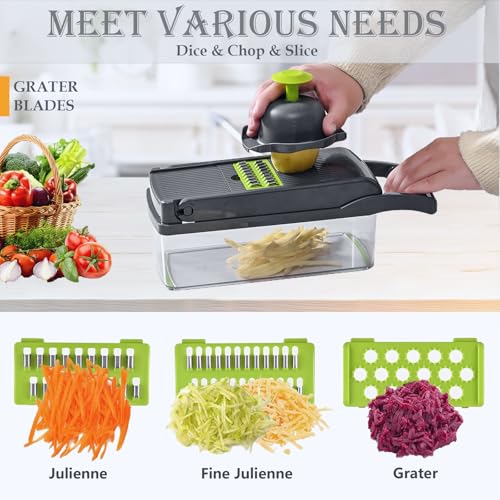 Vegetable Chopper Dicer with Container | Cheese Grater Mandoline Slicer Cabbage Shredder French Fry Cutter Stainless Steel for Veggie Onion Potato Fruit Food, Manual Hand Cooking Gadget for Kitchen - Image 4
