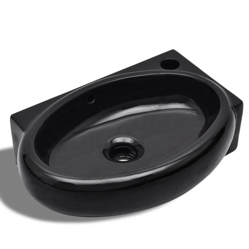 vidaXL Wall-Mounted Ceramic Bathroom Sink Basin with Faucet and Overflow Hole - Black Round Elegance for Washrooms and Powder Rooms