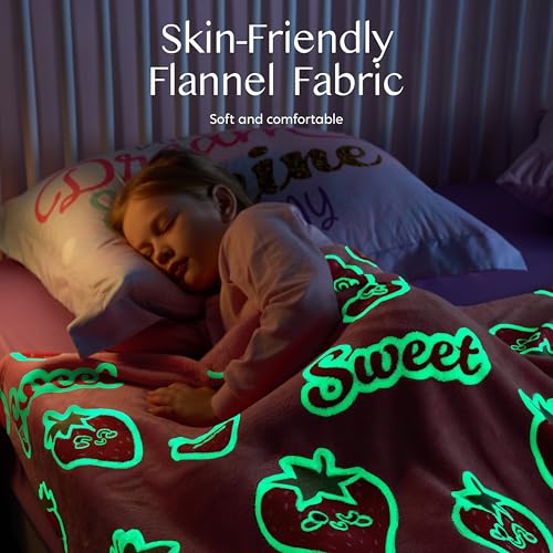 Joiedomi Glow in The Dark Blanket Strawberry Gift for Girls Age 2 3 4 5 6 7 8 9 10 11 12 Year Old Girl Gifts, Soft Cozy Flannel Kids Throw Blanket, Birthday Bedroom Decor 50"×60"