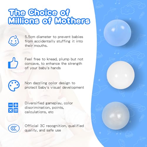 TRENDBOX Ball Pit Balls 100 - Macaron Colors Balls for Ball Pit, Play Tent Baby Playhouse Pool Birthday Party Decoration (D-Blue, White&Clear)