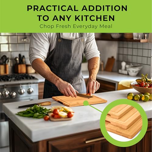Prosumers Choice Bamboo Cutting Board Set - Chopping Boards for Kitchen Meal Prep - Set of 3 - Built-In Side Handles, Serving Tray, Cheese Platter - Meat Cutting Boards - Image 4