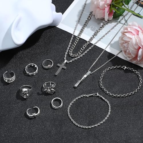 NEWITIN 15 Pieces Silver Jewelry Set for Men Stainless Steel Cuban Link Necklace Bracelet Cross Pendant Necklace Vintage Ring Cuban Jewelry Set for Men Women3