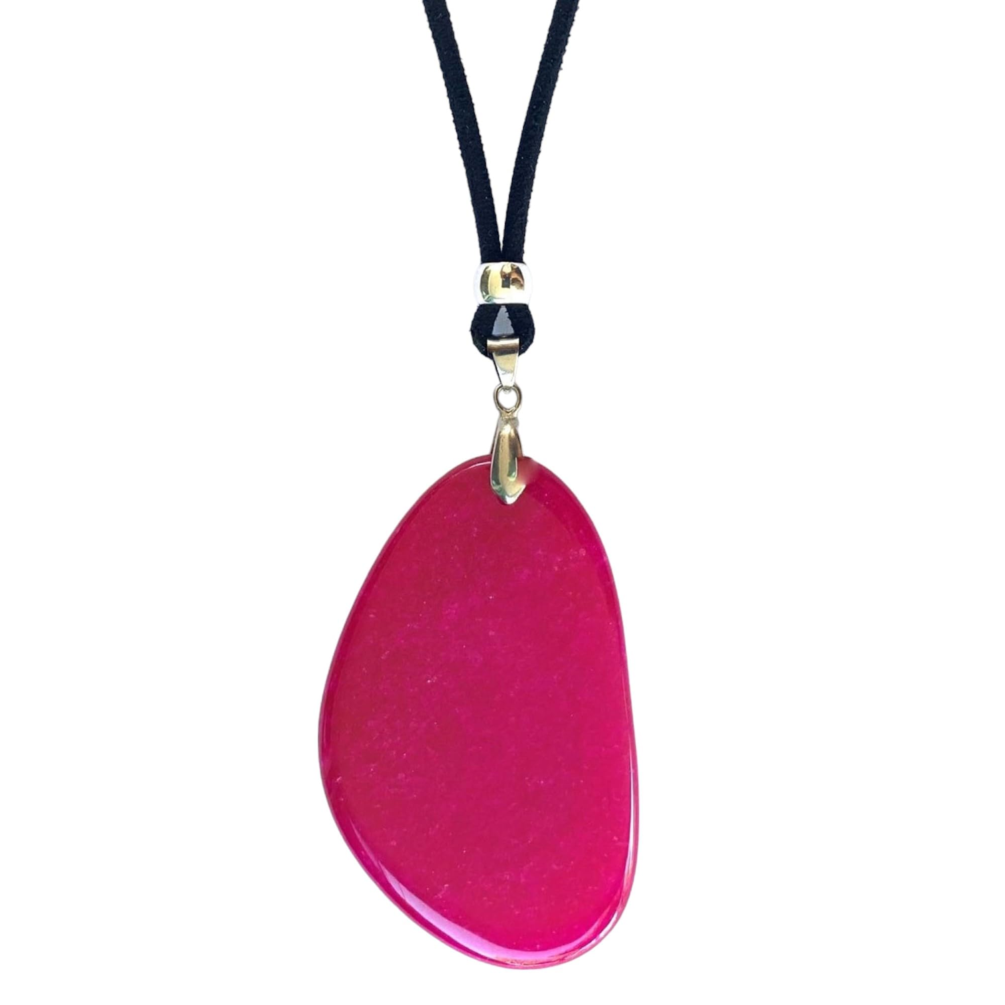 Colgante Mujer Piedra Jade Grande en varios Colores - Collar Largo Ajustable Amuleto Gema Energética Natural y Zamak chapado en Plata - Ideal para Regalo (Fucsia)