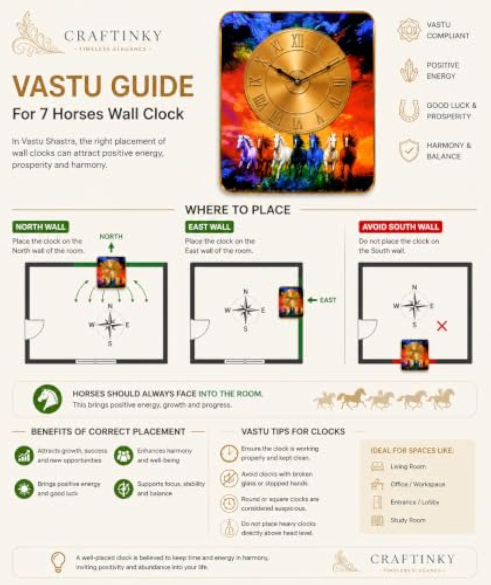 7 Running Horses Vastu Wall Clock, 12x18 Inch