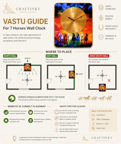 Image of 7 Running Horses Vastu Wall Clock 12x18 Inch | Silent Quartz | Golden Roman Dial | Home Office Living Room Decor Gift