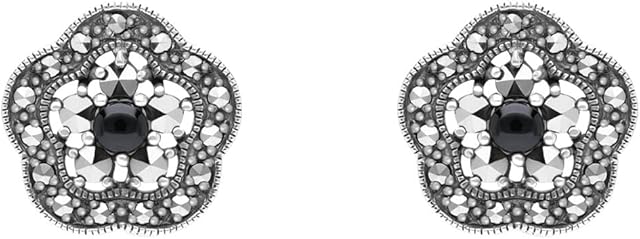 Esse Marcasite Sterling Silver Floral Black Onyx and Marcasite Earrings of 1.2cm