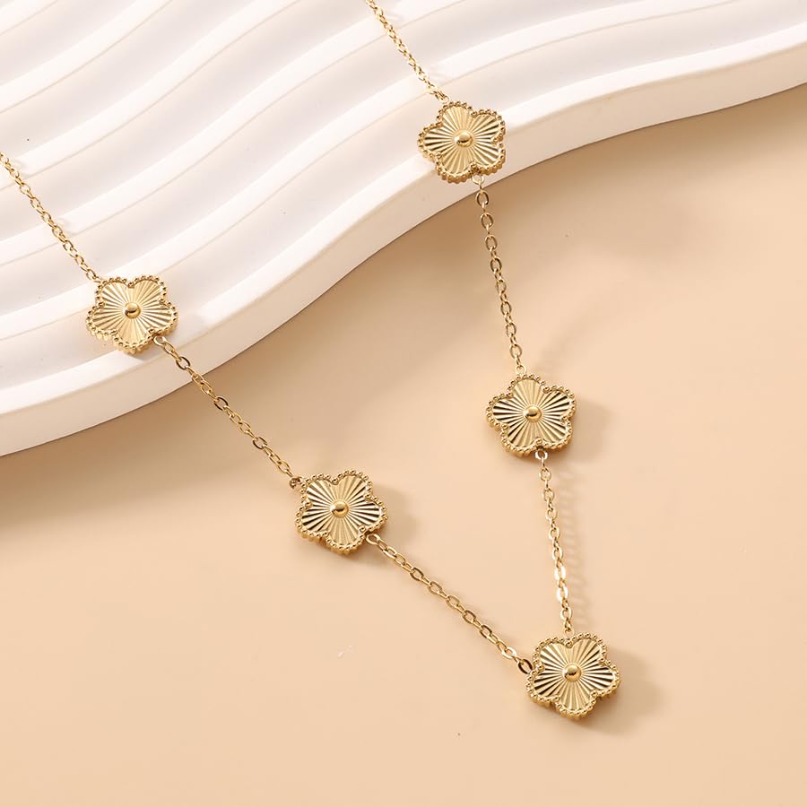 Lucky Clover Necklace Jewelry Sets,18K Gold Plated Flower Design Five Leaf Bracelet,Clover Necklace Pendant,Clover Earrings for Women Lucky, 4 Leaf Clover Necklace3