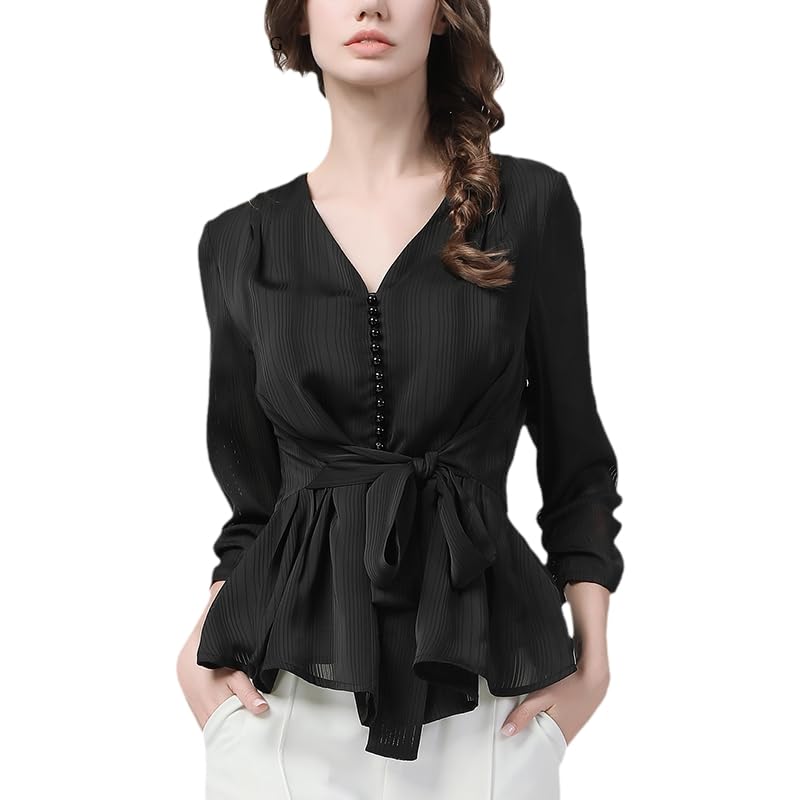 Blusas de Gasa a Rayas Azules para Mujer, Blusas Informales de Oficina con Cuello en V Ajustadas con Fajas y Mangas Tres Cuartos, Camisa (Negro XL)