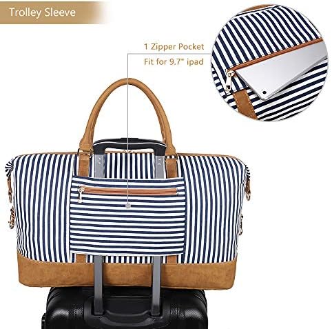 Plambag Canvas Duffel Weekender Bag 43L Water-repellent Overnight Travel Tote Bag(Blue Stripe) 6 Plambag Canvas Duffel Weekender Bag 43L Water-repellent Overnight Travel Tote Bag(Blue Stripe)