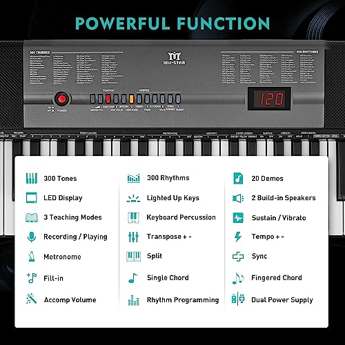 Image of MUSTAR 61 Key Piano Keyboard, Electric Piano Keyboard with Lighted Up Keys, Learning Keyboards Piano for Beginners With Piano Stand, LCD Screen, Headphones, Microphone (Black with Stool)
