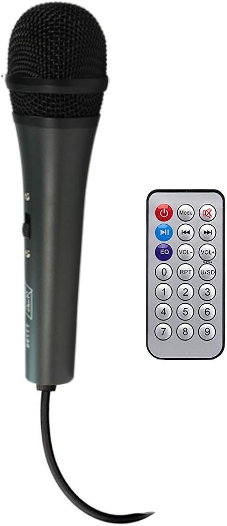 Wired microphone and remote control included with the speaker.