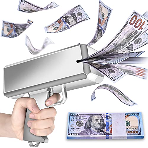 oMitoi Money Gun Shooter, Money Gun That Shoot Money, Money Spray Gun with Prop Money(100 Pieces), Make It Rain Money Machine Dispenser Gun (Grey Silver)