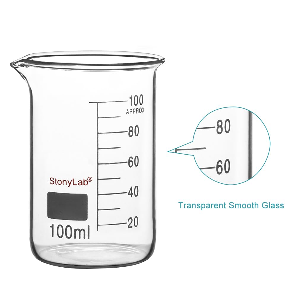 stonylab Glass Beaker 1 Pack Borosilicate Glass Graduated Low Form Griffin Beaker with Pouring Spout, 100 ml